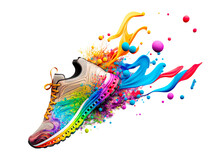 Sport Shoes With Color Paint Splash. Conceptual  Illustration For Marathon Or Jogging Or Run Festival. Isolated Design Element On The Transparent Background. Generative AI.