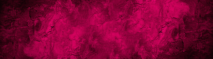 Wall Mural - Black raspberry red rough surface. Toned old concrete wall. Viva magenta color. Trend 2023. Close-up. Grunge background for design. Сracked, broken, crumbled. Backdrop. Wide banner. Panoramic.