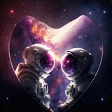 Fototapeta Kosmos - Together in the Universe, valentines day astronauts ,made with Generative AI