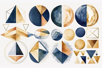 Wall Mural - Arrangements. geometric shapes, Navy blue, rust, ivory, beige watercolor Illustration and gold elements, on white background, AI assisted finalized in Photoshop by me 