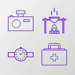 Canvas Print - Set line First aid kit, Wrist watch, Campfire and pot and Photo camera icon. Vector