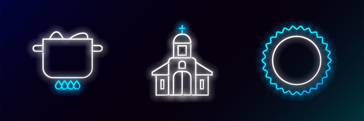 Sticker - Set line Sun, Egg in hot pot and Church building icon. Glowing neon. Vector