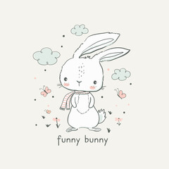 Wall Mural - Little bunny. Hand drawn cartoon vector illustration for kids. Cute rabbit. Perfect for baby t-shirt print, kids wear