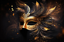 Luxury Mardi Gras Golden Mask With Feathers. Dark Background With Shining Bokeh Effect And Golden Dust Glitter. Banner Of A Venetian Carnival Concept With Copy Space. Generative AI.