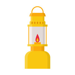 Yellow vintage kerosene lamp vector illustration. Old lantern with holder and lighting for miners or travelers on white background. Camping, traveling concept