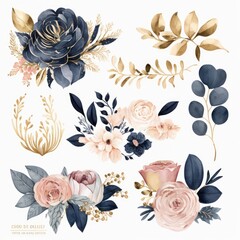 Wall Mural - Arrangements. leaves, branches, circle, square, triangle, lines shapes, navy blue, blush, rust, ivory, beige watercolor Illustration and gold elements, on white background, AI generative