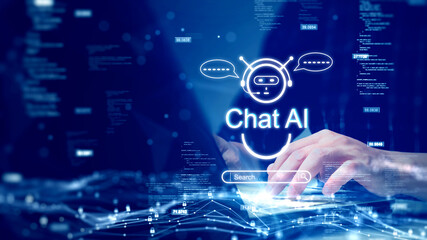 Aufkleber - The concept of a person using a computer connected to ChatAI technology to help process the required information. artificial intelligence intelligent assistant in cyber consulting inquiries.