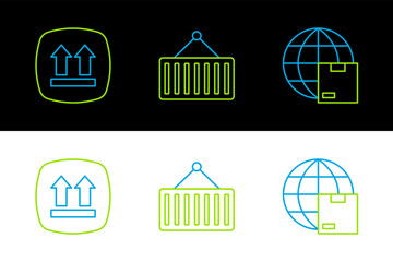 Set line Worldwide shipping, This side up and Container on crane icon. Vector