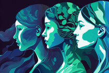 Women Rights Day Wallpapers: Feminism And Artistic Abstract Women Backgrounds In Green And Blue. 3d Rendering.