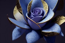 Generative AI: Blue Rose With Golden Ornament And Grey Background