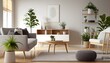 © DurffeeMill - Simple and Sweet: A Minimalist living Room Design. A neutral color palette is accented by subtle pops of color and natural elements. Generative AI with plants and wooden furniture.