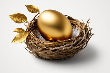 Wall Mural - Beautiful shiny golden egg in bird nest on white background. The golden egg in the nest