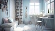 Sweet and delicate Scandinavian teen study space, with pastel blue walls and white tile floors. generative ai, interior design