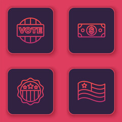 Sticker - Set line Vote, USA Independence day, Stacks paper money cash and American flag. Blue square button. Vector