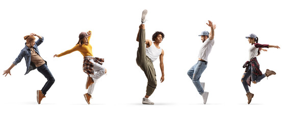 Canvas Print - Group of young male and female dancers performing street dance