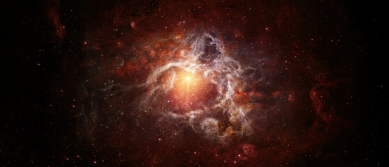 Wall Mural - beautiful night sky, red star and galaxy in the space. collage on space, science and education items