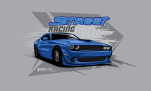 Street Racing Vector Illustration. Icon Blue Sport Car Vector Template Illustration Can Use Logo T Shirt, Apparel, Sticker Group Community, Poster, Flyer Banner Modify Auto Show.