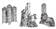 Graphical set of medieval castles isolated on white background,vector illustration