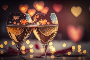 Couple of champagne glasses on glowing glittery bokeh background. Generative Ai art. Valentine's Day