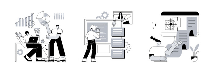 Project development specifications abstract concept vector illustration set. Business analysis, software requirement description, vision and scope document, SWOT analysis, user case abstract metaphor.