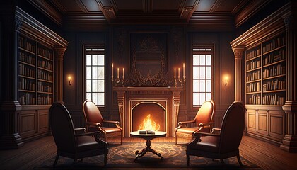 Canvas Print -  a living room with a fire place and two chairs in front of a fire place in a bookcase with books on the shelves and a rug on the floor.  generative ai