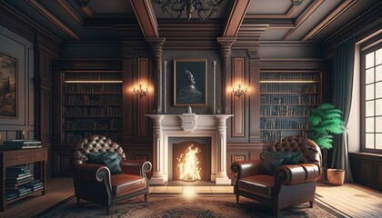 Wall Mural -  a living room with a fire place and a chair and a chair in front of a fireplace with a painting on the wall behind it.  generative ai