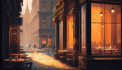 Canvas Print -  a painting of a city street at night with a person walking down the sidewalk and a person sitting at a table on the sidewalk in front of the street.  generative ai