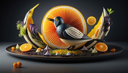 Sticker -  a bird sitting on top of a plate of food with oranges and other fruits around it on a black surface with a black background.  generative ai