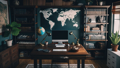 Sticker -  a home office with a desk, bookshelf, and a world map on the wall above the desk is a potted plant.  generative ai