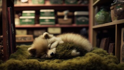  a small dog is sleeping on a green rug in a bookcase with books on the shelves behind it and a book case in the background.  generative ai