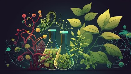 Sticker -  three test tubes filled with green plants and plants growing out of them on a dark background with a geometric pattern in the middle of the image.  generative ai