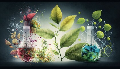 Wall Mural -  a group of plants and plants in beaks filled with liquid and plants in beaks with leaves and sprouts in them, on a dark background.  generative ai