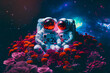 couple of anonymous astronauts in spacesuits sitting on floral heart floating in starry night sky. Ai generated