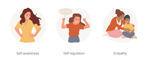 Emotional intelligence isolated cartoon vector illustration set. Self-awareness, confident woman, emotion regulation, child with clenched fist, show empathy, mom comfort kid vector cartoon.