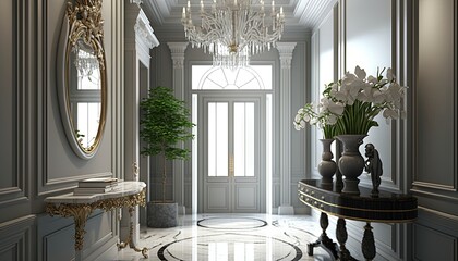  a hallway with a chandelier and a table with a vase of flowers on it, and a mirror on the wall above it.  generative ai