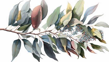 Wall Mural -  a branch of a tree with leaves and berries on it, painted in watercolor on a white background, with a white back ground.  generative ai