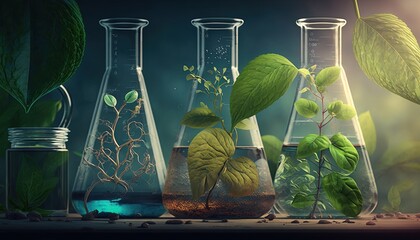 Poster -  a group of glass vases filled with plants and dirt on a wooden table next to rocks and gravel on a dark background with a green leafy plant in the center.  generative ai