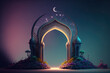 Islamic decoration background with arch crescent moon in luxury style, Ramadan Kareem, Generative AI