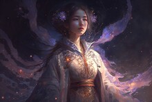 Illustration Portrait Of A Fantasy Asian Goddess With At Romantic Fantasy Atmosphere Night Time, Hair Flow Motion In Wind Blow, Idea For Dreamy Fairytale Background Wallpaper, Generative Ai