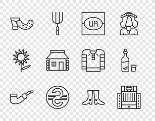 Poster - Set line Smoking pipe, Hotel Ukraina building, Flag of Ukraine, Ukrainian hryvnia, Glass with vodka, house, footwear and Vodka pepper and glass icon. Vector