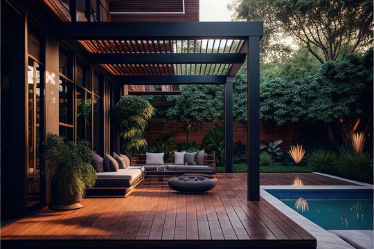 backyard living space with outdoor furniture next to pool under a pergola, ai assisted finalized in 
