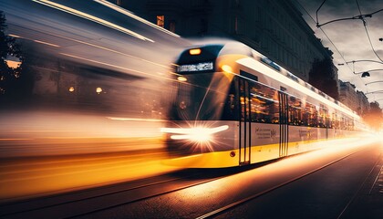 Poster -  a train is traveling down the tracks in the city at night with a lot of lights on the side of the tracks and a building in the background.  generative ai