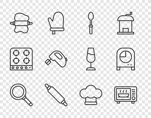 Poster - Set line Frying pan, Microwave oven, Teaspoon, Rolling pin, dough, Electric mixer, Chef hat and Kitchen timer icon. Vector