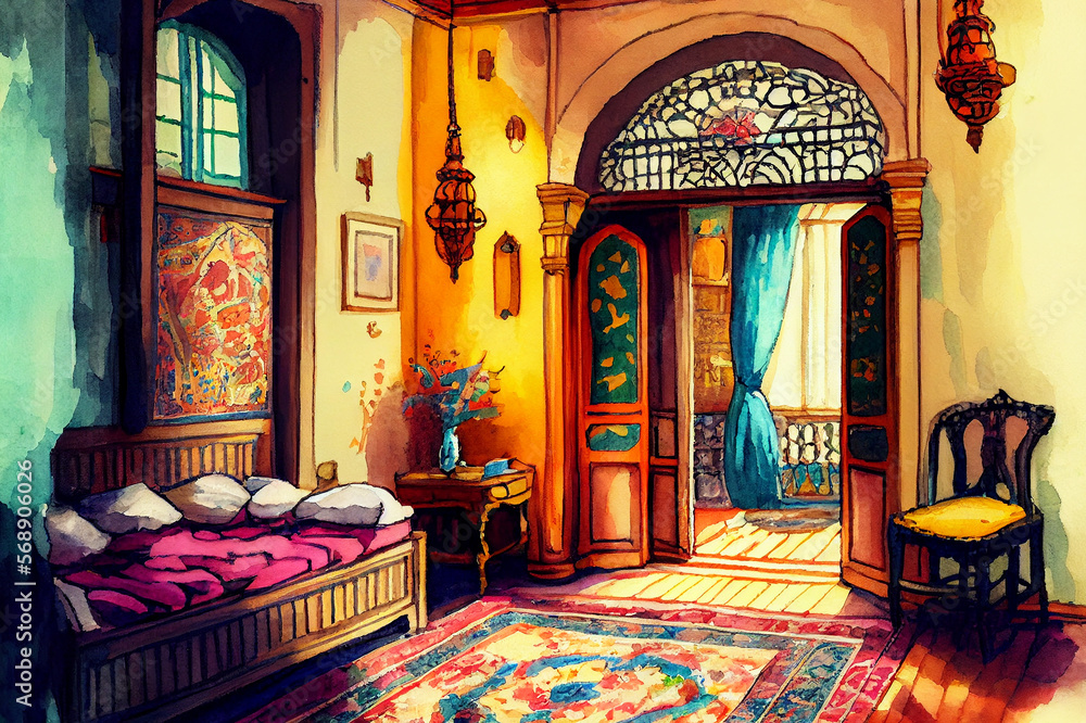 Turkish Theme Layout Room interior in Turkish style, showcasing the rich cultural heritage ...