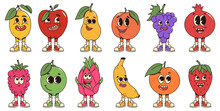 Set Retro Cartoon Fruit Characters. Modern Illustration With Cute Comics Characters. Hand Drawn Doodles Of Comic Characters. Set In Modern Cartoon Style. 70s Retro Vibes.