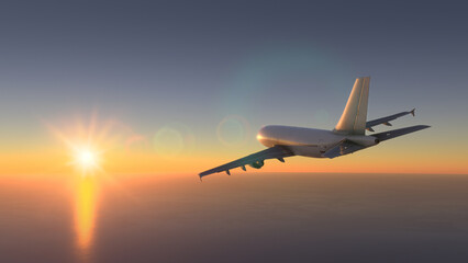 Wall Mural - Commercial plane flying over the amazing sunset