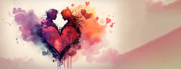 Wall Mural - Valentine card watercolor painting style, horizontal banner graphic illustration, heart with human couple, copy space. Generative AI illustration
