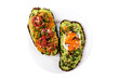 Sandwiches with avocado guacomole egg and tomatoes green leek and sesame seeds. Healthy breakfast or snack on an isolated  png background.