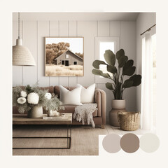 Wall Mural - a cozy and minimalist farmhouse design decor mockup featuring muted boho decor with muted neutral tones, AI assisted finalized in Photoshop by me