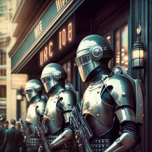 A Group Of Retrofuturistic Cyborg Policemen Guarding A Bank Building - Generative Ai